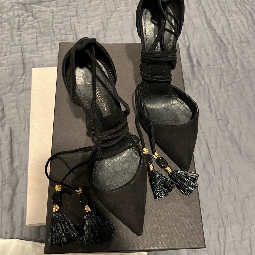 Dolce & Gabbana Black Heels with Tassels and Ankle Strap - Picture 8 of 16